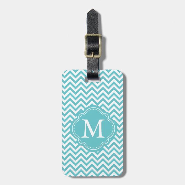 Girly Aqua White Chevron Stripes Monogram Luggage Tag (Front Vertical)
