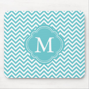 Girly Aqua White Chevron Stripes Monogram Mouse Mat