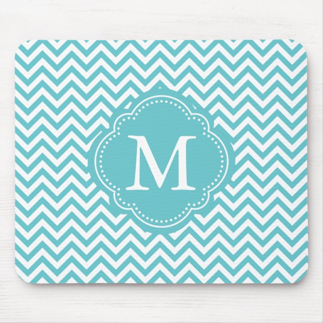 Girly Aqua White Chevron Stripes Monogram Mouse Mat (Front)