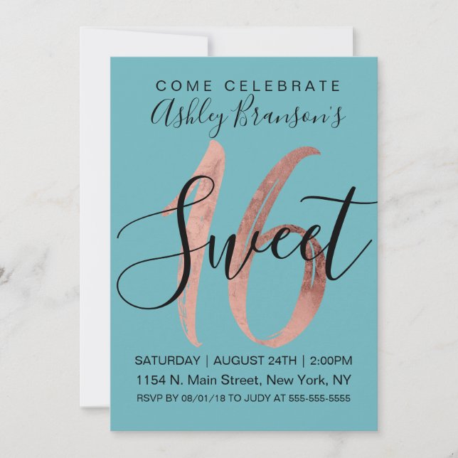 Girly Aquamarine Rose Gold Foil Sweet 16 Invitation (Front)