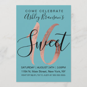 Girly Aquamarine Rose Gold Foil Sweet 16 Invitation