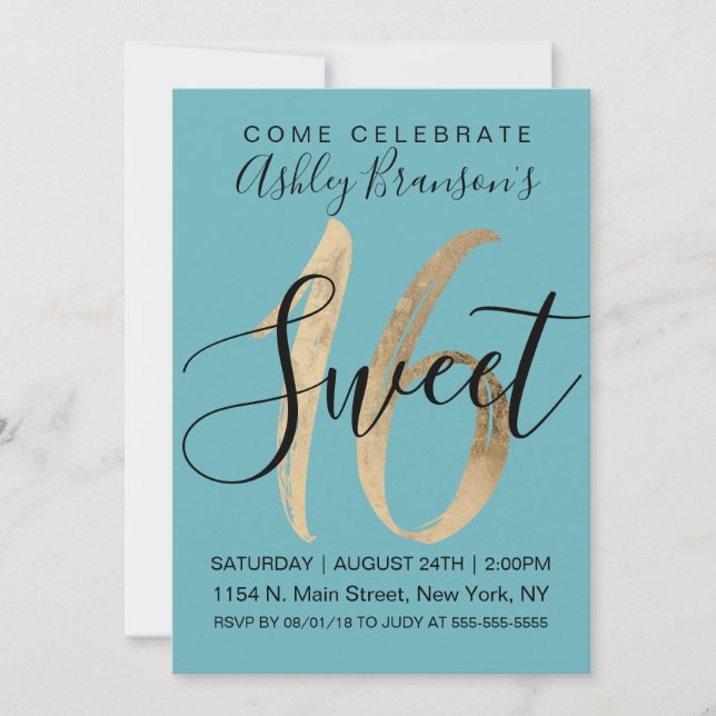 Girly Aquamarine Teal Gold Foil Sweet 16 Invitation (Front)