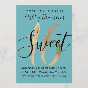Girly Aquamarine Teal Gold Foil Sweet 16 Invitation