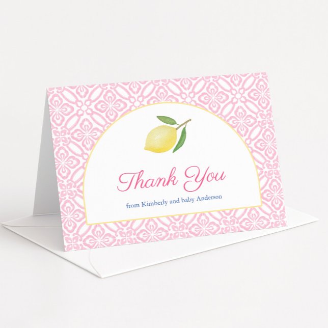 Girly Arch Positano Pink Lemon Baby Shower Thank You Card (Pretty pink baby girl shower thank you card design featuring vintage tile print, modern arch & lemon)