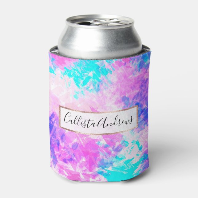 Girly Artsy Purple Pink Abstract Paint Pattern Can Cooler (Can Front)