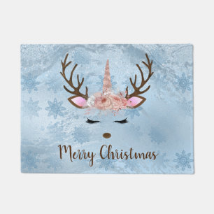 Girly baby blue marble unicorn reindeer snowflakes doormat