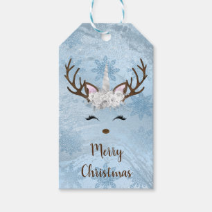 Girly baby blue marble unicorn reindeer snowflakes gift tags