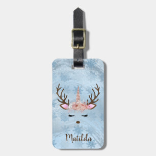 Girly baby blue marble unicorn reindeer snowflakes luggage tag