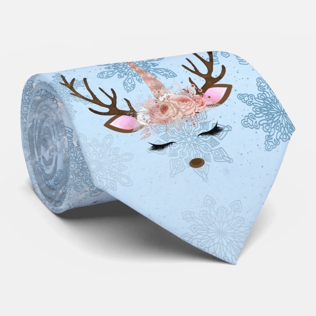 Girly baby blue marble unicorn reindeer snowflakes tie (Rolled)