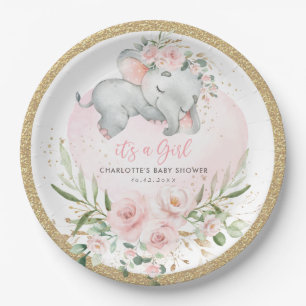Girly Baby Elephant Blush Pink Gold Floral Shower Paper Plate