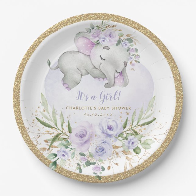 Girly Baby Elephant Purple Gold Floral Shower Paper Plate (Front)