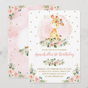 Girly Baby Giraffe Blush Gold Floral 1st Birthday Invitation