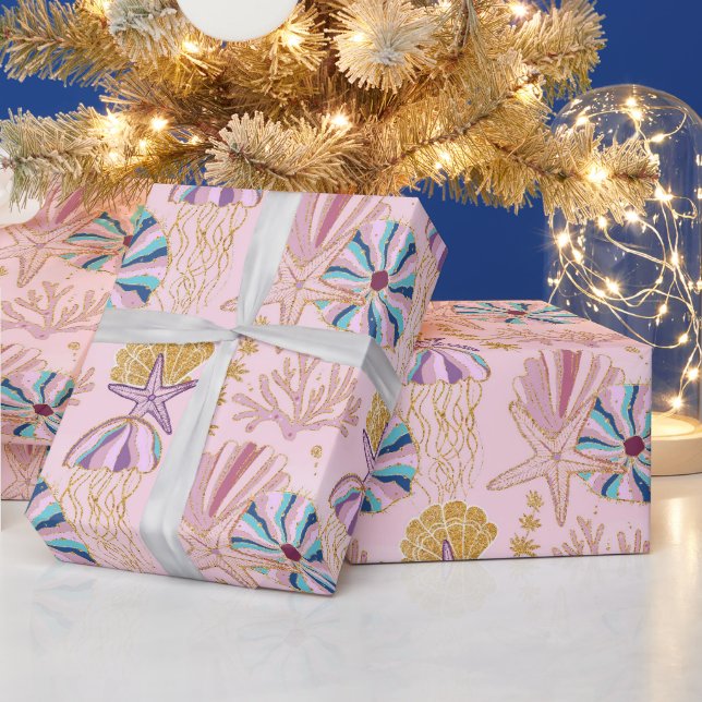 Girly Baby Pink Under the Sea Glittery Wrapping Paper (Holidays)