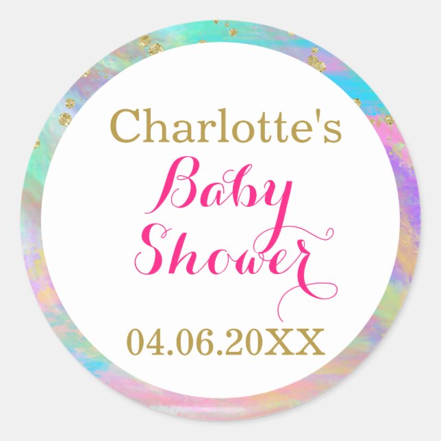 Girly Baby Shower Colourful Unicorn Gold Glitter Classic Round Sticker (Front)