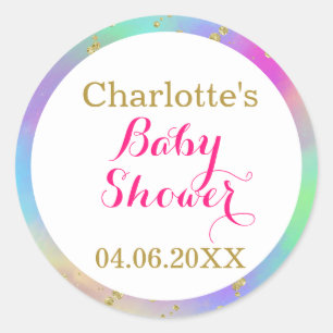 Girly Baby Shower Colourful Unicorn Gold Glitter Classic Round Sticker