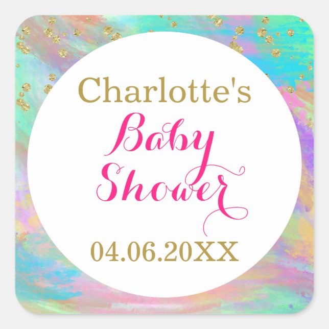 Girly Baby Shower Colourful Unicorn Gold Glitter Square Sticker (Front)