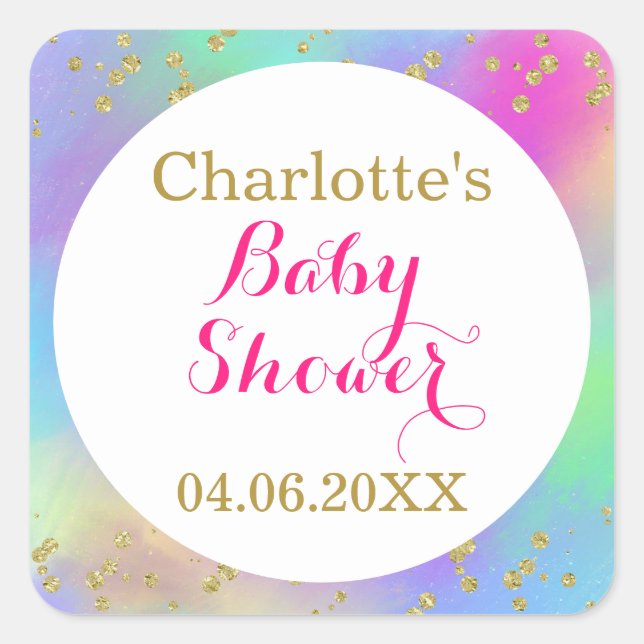 Girly Baby Shower Colourful Unicorn Gold Glitter Square Sticker (Front)