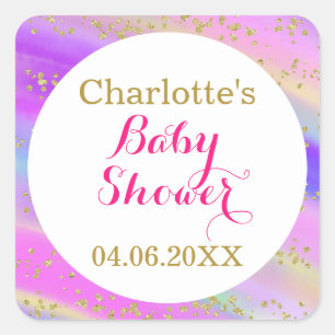 Girly Baby Shower Colourful Unicorn Gold Glitter Square Sticker