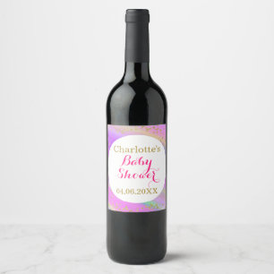 Girly Baby Shower Colourful Unicorn Gold Glitter Wine Label