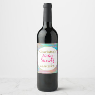 Girly Baby Shower Colourful Unicorn Gold Glitter Wine Label