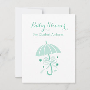 Girly Baby Shower Cute Mint Green Umbrella and Bow Invitation