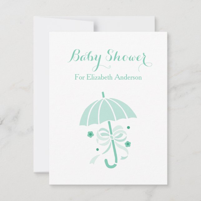Girly Baby Shower Cute Mint Green Umbrella and Bow Invitation (Front)