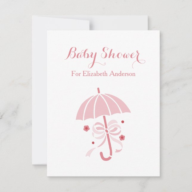 Girly Baby Shower Cute Pink Umbrella With Bow Invitation (Front)