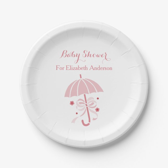 Girly Baby Shower Cute Pink Umbrella With Bow Paper Plate (Front)