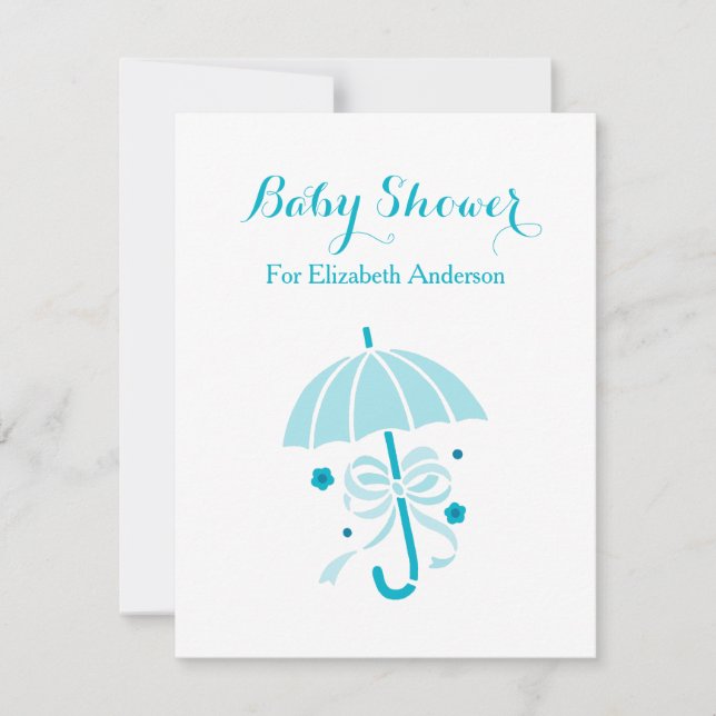 Girly Baby Shower Cute Turquoise Umbrella With Bow Invitation (Front)