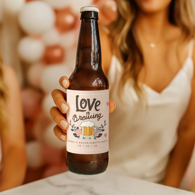 Girly bachelorette love is brewing beer bottle label (“Love is Brewing” sticker for bachelorette party favors—cute, fun, and perfect for celebrations!)