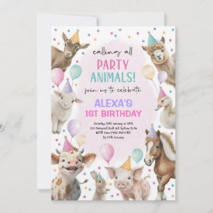 Girly Barnyard Farm Animals Pink Birthday Invitation