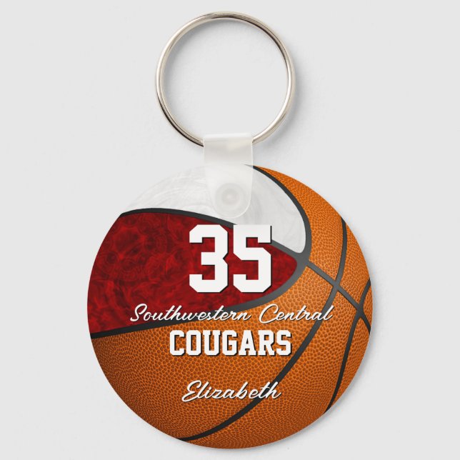 girly basketball maroon white school team colours key ring (Front)