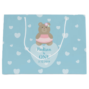 Girly Bear Cub Princess Baby First Birthday Party Large Gift Bag