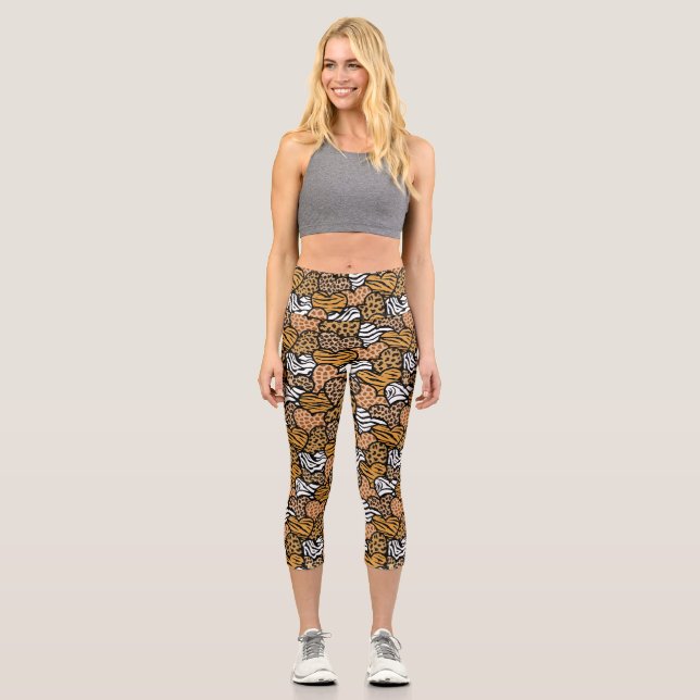 Girly Beige Animal Print Heart Playful Pattern  Capri Leggings (Front)