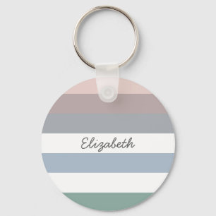 Girly Beige Blue Wide Horizontal Stripes With Name Key Ring