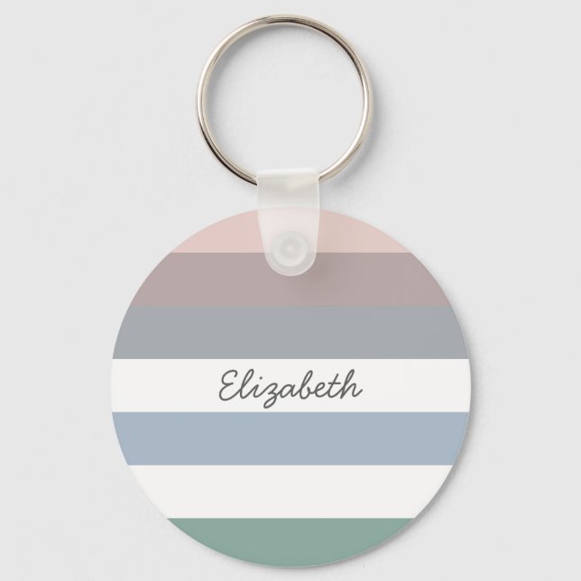 Girly Beige Blue Wide Horizontal Stripes With Name Key Ring (Front)