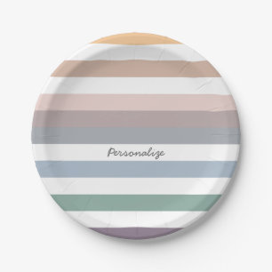 Girly Beige Blue Wide Horizontal Stripes With Name Paper Plate