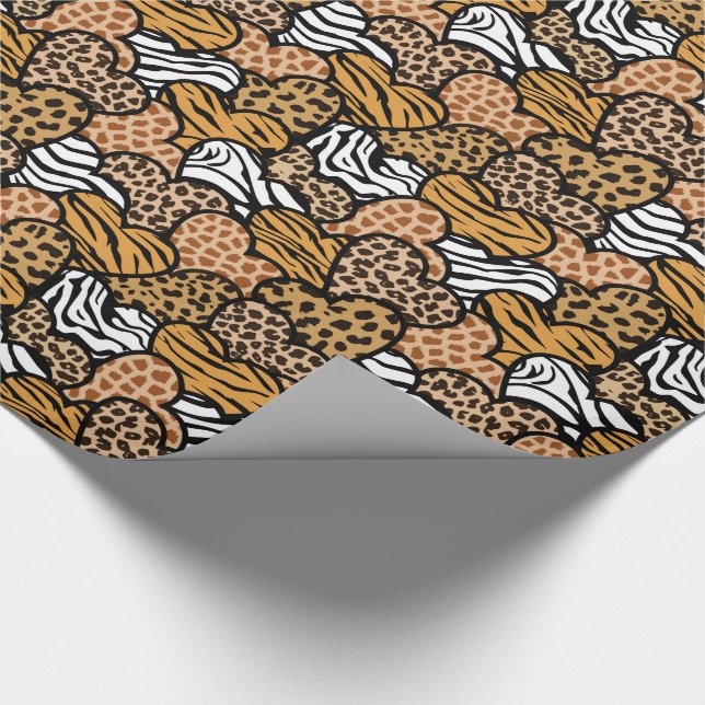 Girly Beige Playful Animal Print Hearts  Wrapping Paper (Corner)