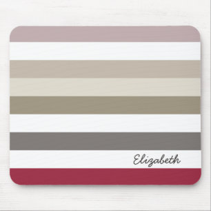Girly Beige Red Big Horizontal Stripes With Name Mouse Mat