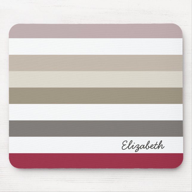 Girly Beige Red Big Horizontal Stripes With Name Mouse Mat (Front)