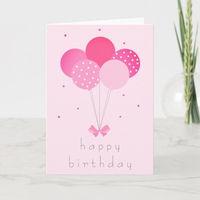 Girly Birthday Balloons With Bow Blush Pink Card (Front)