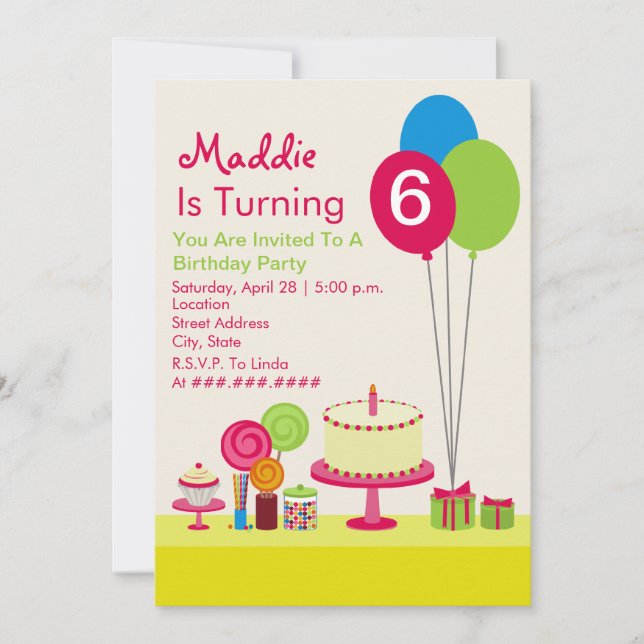 Girly Birthday Party - Cake Balloons Candy Cupcake Invitation (Front)