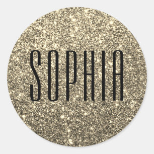 Girly Black and Gold Glitter Name Cute Sparkle Classic Round Sticker