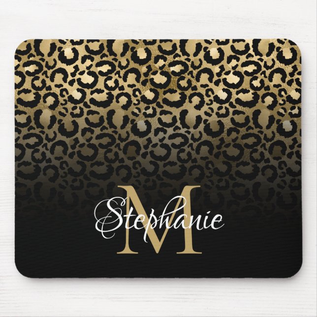 Girly Black and Gold Leopard Ombre Monogram Mouse Mat (Front)