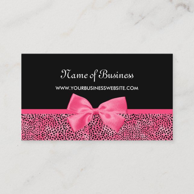 Girly Black and Pink Cheetah Print Cute Ribbon Business Card (Front)