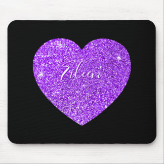 Girly Black and Purple Sparkly Faux Glitter Heart Mouse Mat
