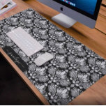 Girly black and white damasks pattern monogram desk mat<br><div class="desc">The elegant girly white vintage floral damask pattern over the black custom background colour may be easily customised by changing the black background colour. Chege the monogram text,  or you may delete it.</div>