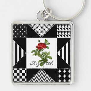Girly Black and White Geometric Red Rose With Name Key Ring