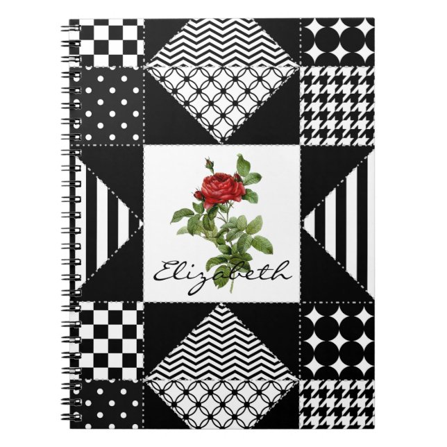 Girly Black and White Geometric Red Rose With Name Notebook (Front)
