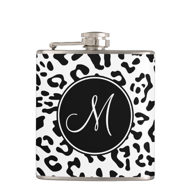 Girly Black and White Leopard Spot Monogram Hip Flask (Front)